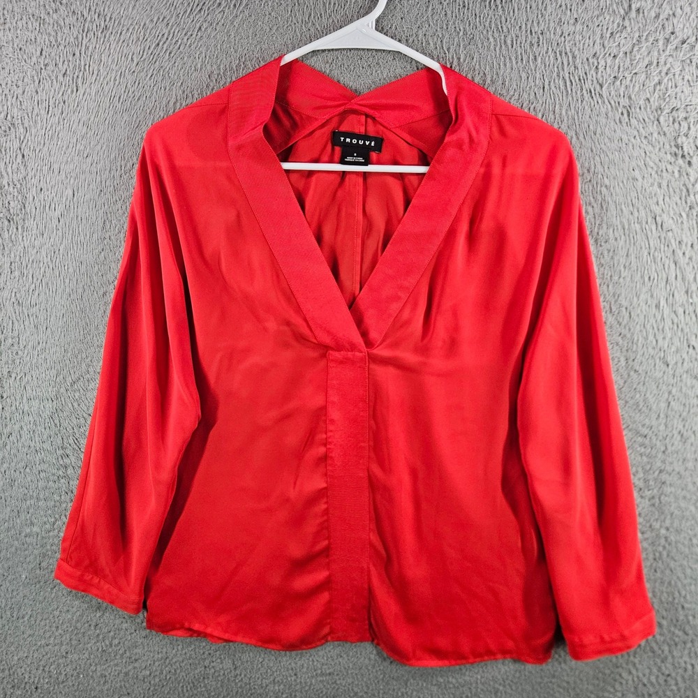 Trouve Womens Red V-Neck Long Sleeve Blouse Grosgrain Trim Pleated Back Size‎ S